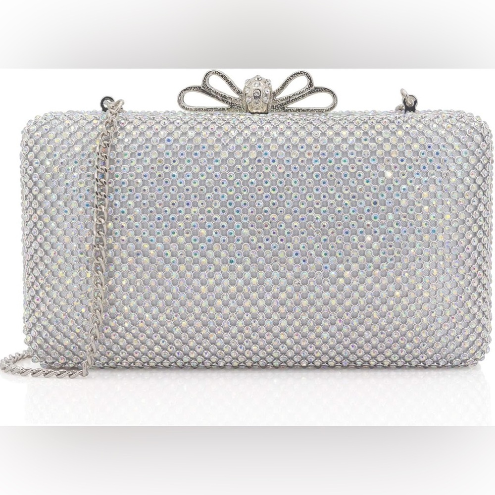 DEXMAY DM NEW With Dust Bag.Elegant Silver Clutch Bag Crystal‎ Evening Bow Clasp